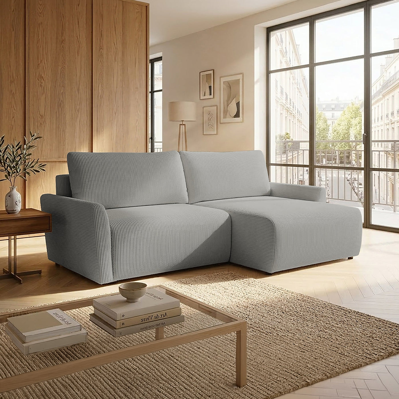LANA Canapé d'angle convertible et réversible avec coffre en tissu gris clair - Canapé d'angle convertible - Mobilier Deco