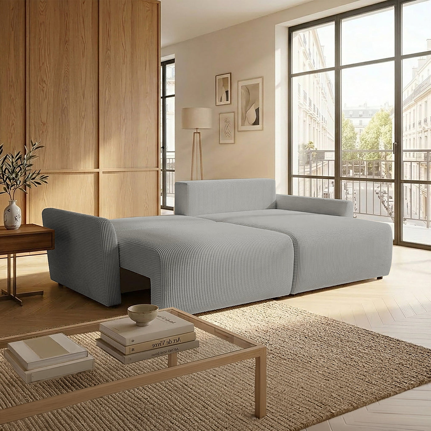 LANA Canapé d'angle convertible et réversible avec coffre en tissu gris clair - Canapé d'angle convertible - Mobilier Deco