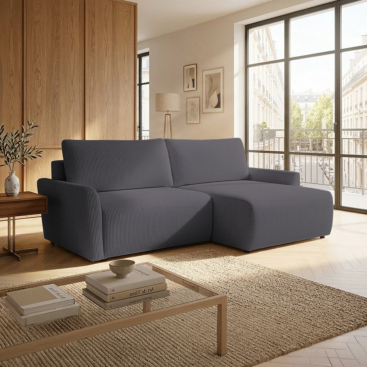 LANA Canapé d'angle convertible et réversible avec coffre en tissu gris foncé - Canapé d'angle convertible - Mobilier Deco