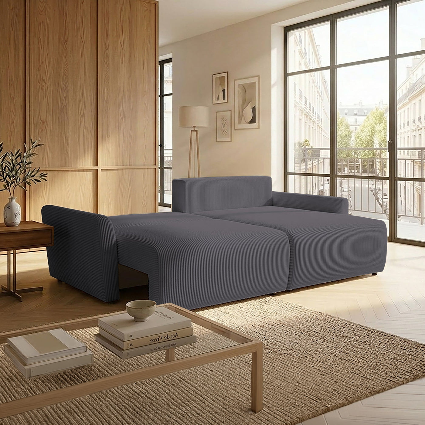 LANA Canapé d'angle convertible et réversible avec coffre en tissu gris foncé - Canapé d'angle convertible - Mobilier Deco