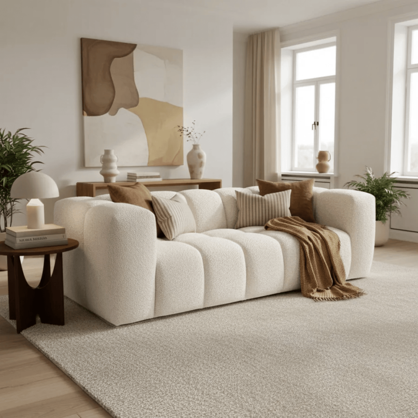 LAYANE Canapé 3 places tissu bouclette beige - Canapés fixes - Mobilier Deco