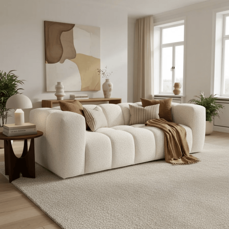 LAYANE Canapé 3 places tissu bouclette beige — aperçu vidéo