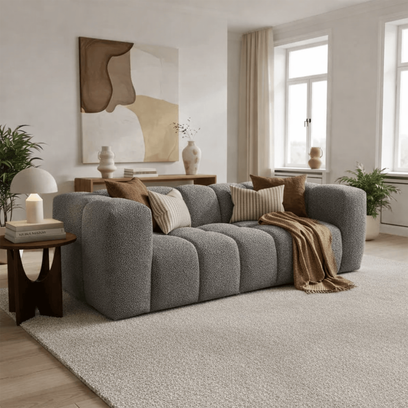 LAYANE Canapé 3 places tissu bouclette gris clair - Canapés fixes - Mobilier Deco