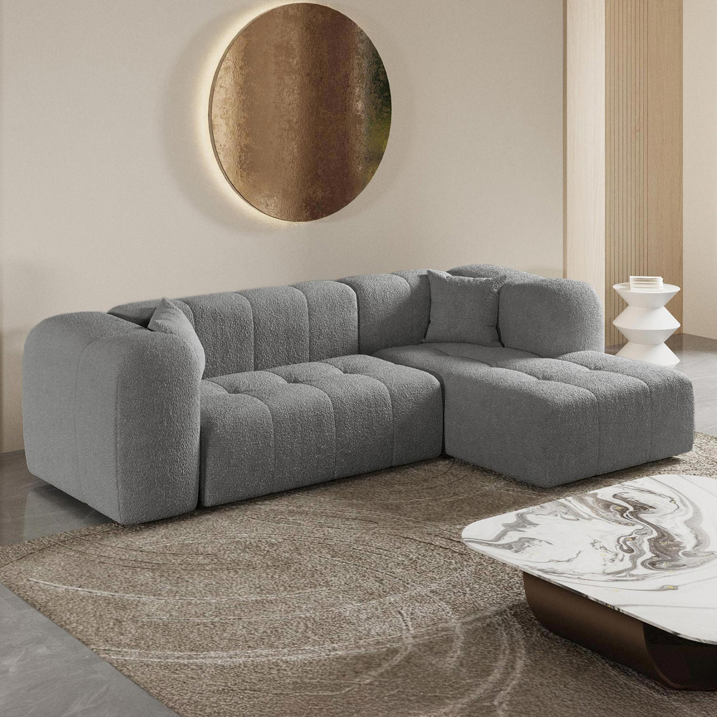 LAYANE Canapé d'angle tissu bouclette gris - Angle droit - Canapés d'angle - Mobilier Deco