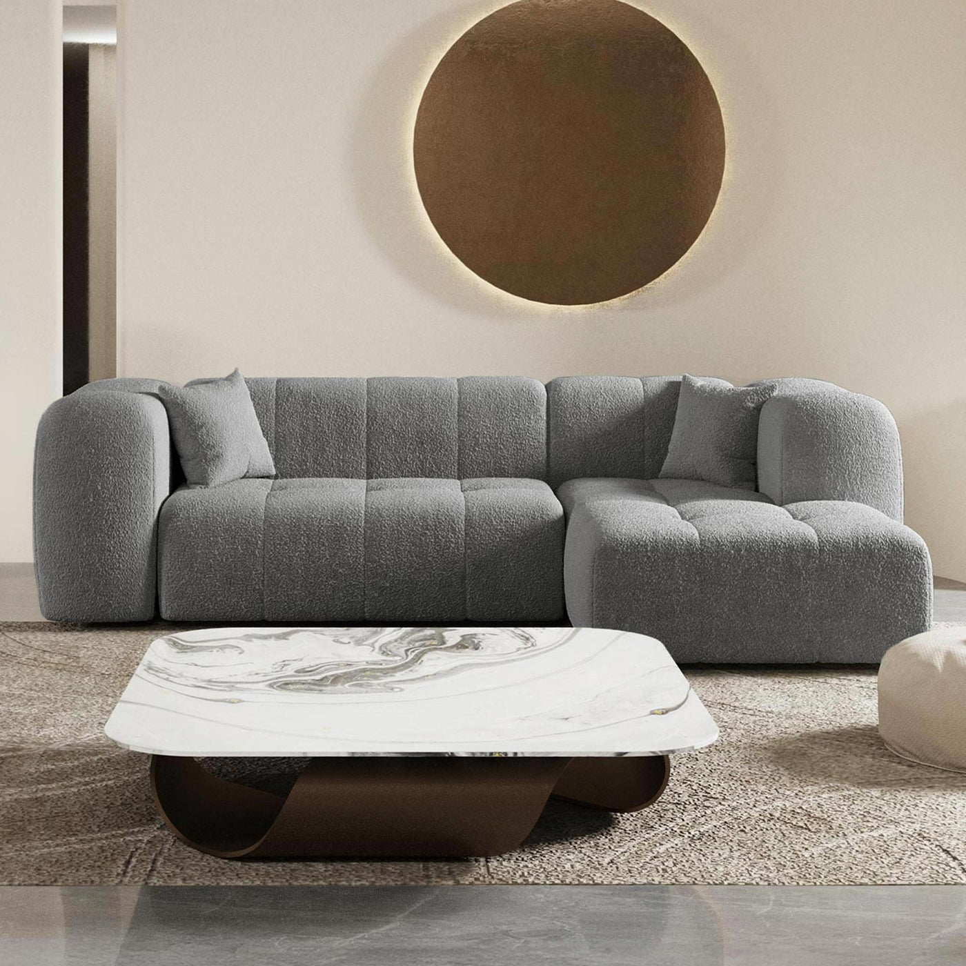 LAYANE Canapé d'angle tissu bouclette gris - Angle droit - Canapés d'angle - Mobilier Deco
