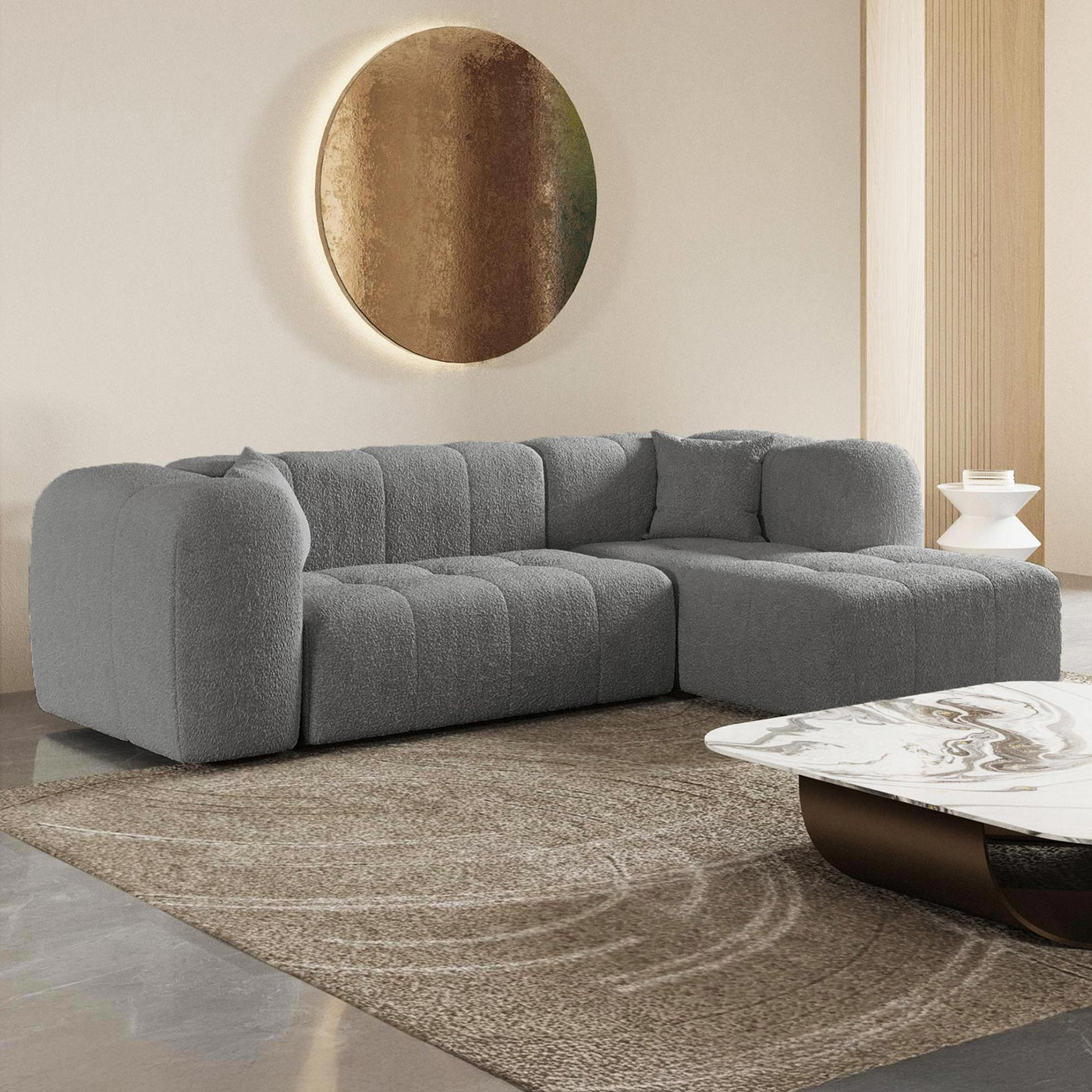 LAYANE Canapé d'angle tissu bouclette gris - Angle droit - Canapés d'angle - Mobilier Deco