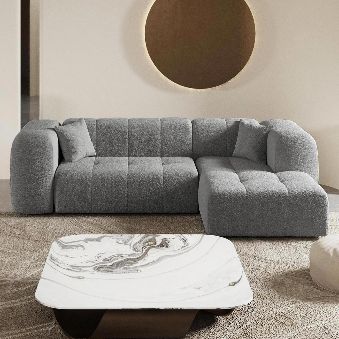 LAYANE Canapé d'angle tissu bouclette gris - Angle droit - Canapés d'angle - Mobilier Deco