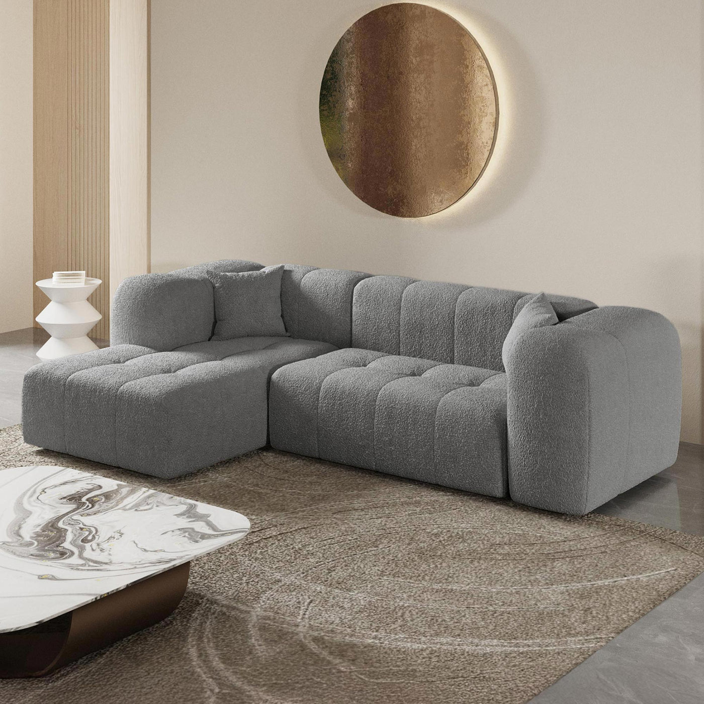 LAYANE Canapé d'angle tissu bouclette gris - Angle gauche - Canapés d'angle - Mobilier Deco