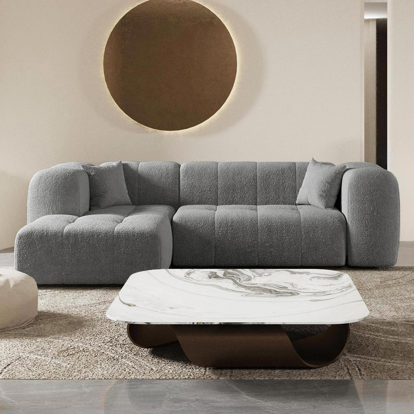 LAYANE Canapé d'angle tissu bouclette gris - Angle gauche - Canapés d'angle - Mobilier Deco