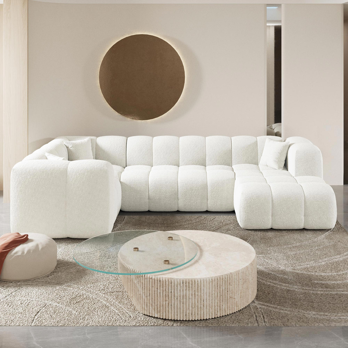 LAYANE Canapé panoramique tissu bouclette blanc écru - Angle droit - Canapés panoramiques - Mobilier Deco