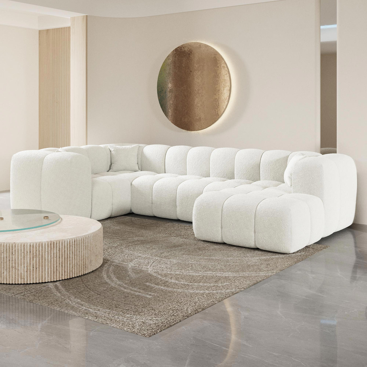 LAYANE Canapé panoramique tissu bouclette blanc écru - Angle droit - Canapés panoramiques - Mobilier Deco