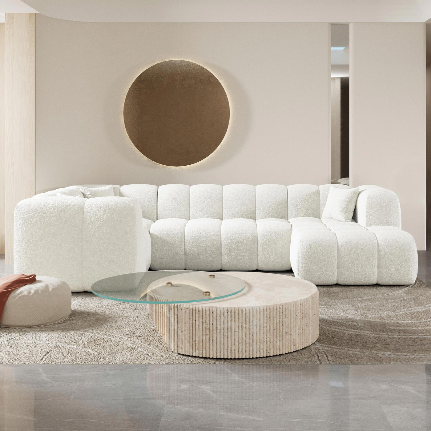 LAYANE Canapé panoramique tissu bouclette blanc écru - Angle droit - Canapés panoramiques - Mobilier Deco