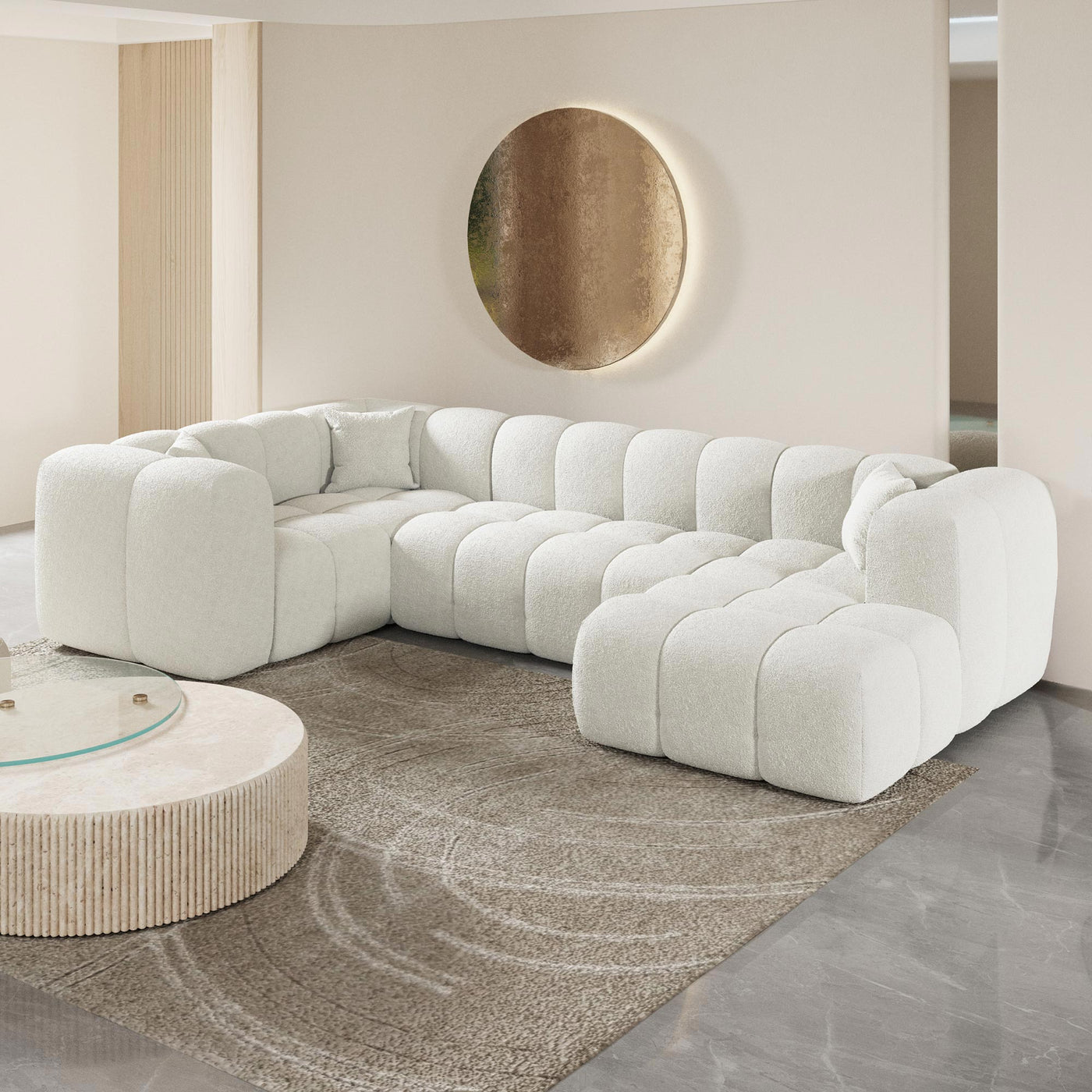 LAYANE Canapé panoramique tissu bouclette blanc écru - Angle droit - Canapés panoramiques - Mobilier Deco