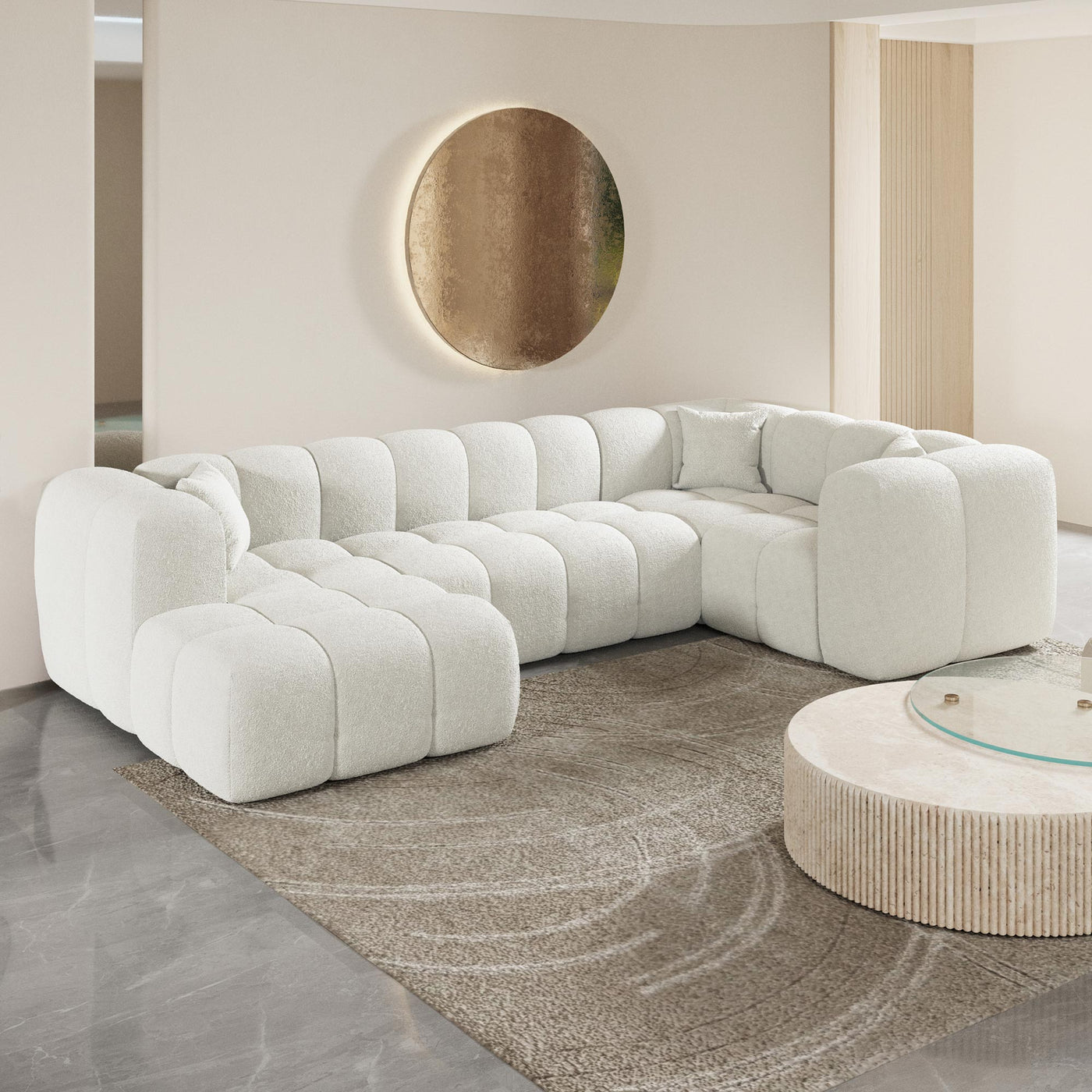 LAYANE Canapé panoramique tissu bouclette blanc écru - Angle gauche - Canapés panoramiques - Mobilier Deco