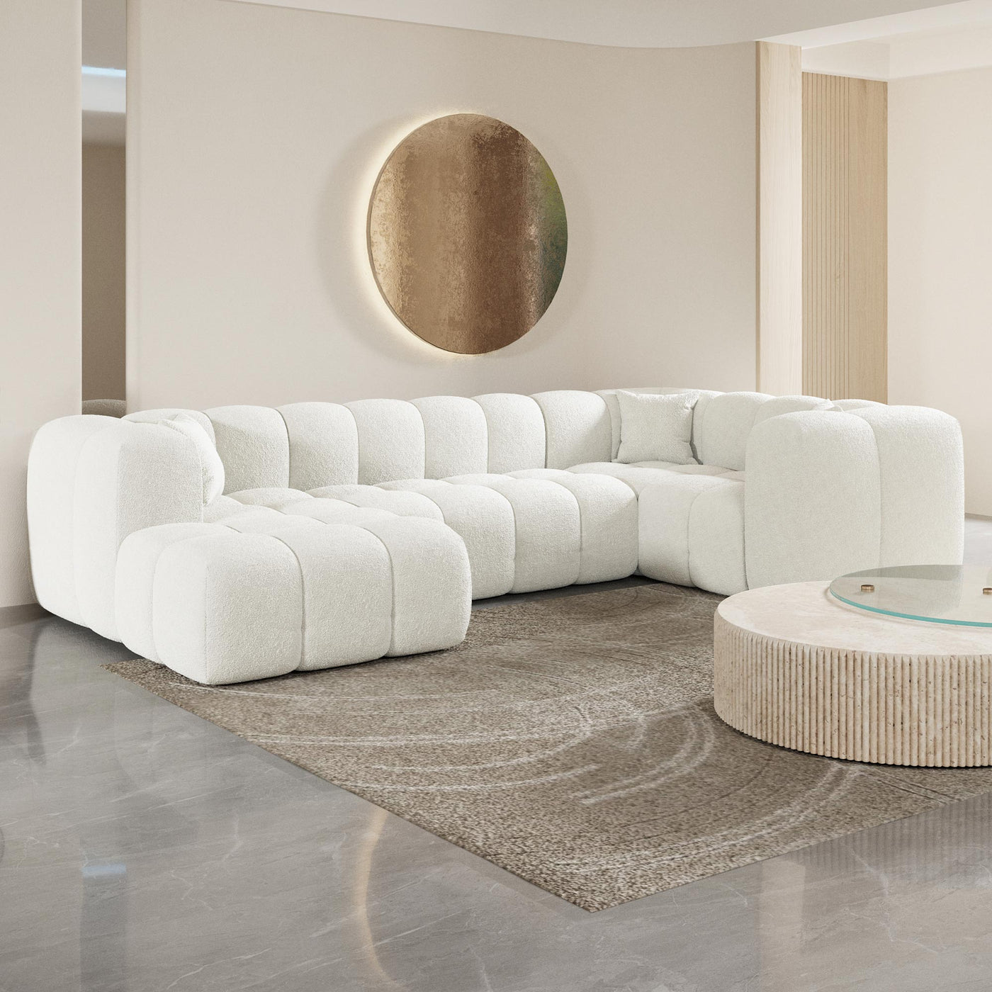 LAYANE Canapé panoramique tissu bouclette blanc écru - Angle gauche - Canapés panoramiques - Mobilier Deco