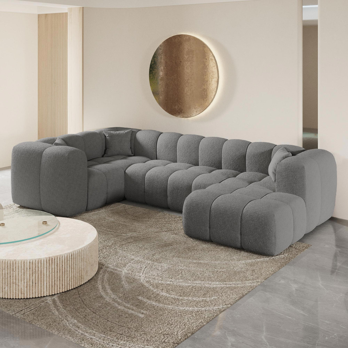 LAYANE Canapé panoramique tissu bouclette gris - Angle droit - Canapés panoramiques - Mobilier Deco
