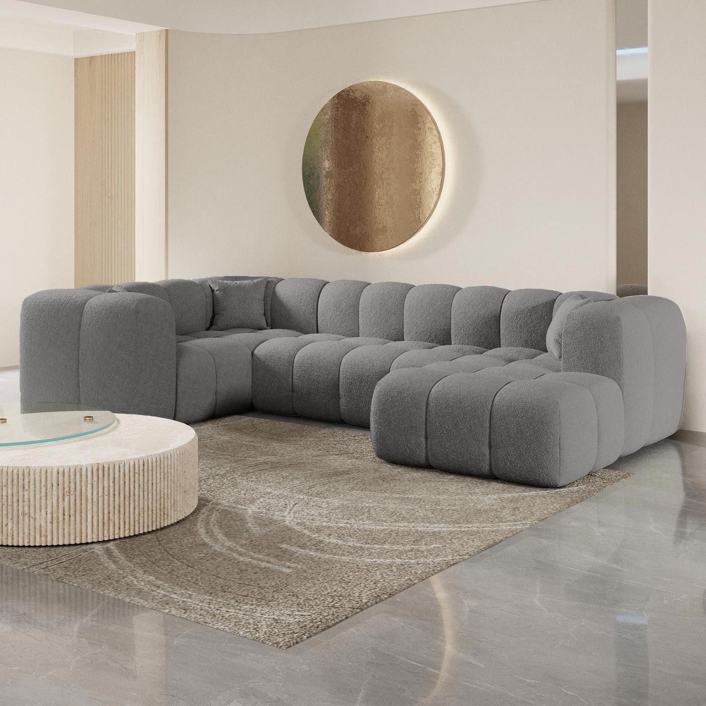 LAYANE Canapé panoramique tissu bouclette gris - Angle droit - Canapés panoramiques - Mobilier Deco