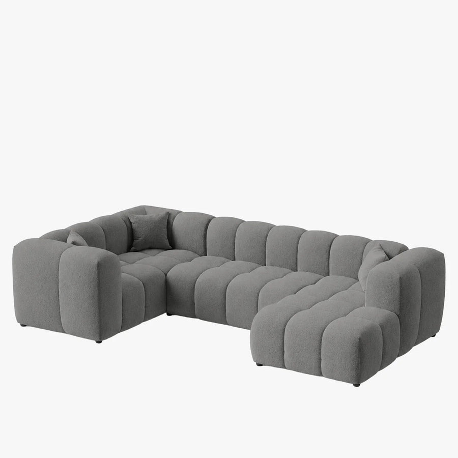 LAYANE Canapé panoramique tissu bouclette gris - Angle droit — aperçu vidéo