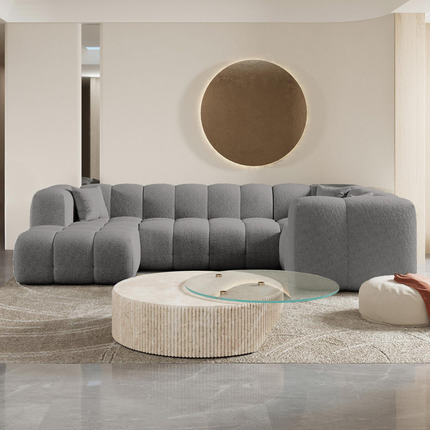 LAYANE Canapé panoramique tissu bouclette gris - Angle gauche - Canapés panoramiques - Mobilier Deco