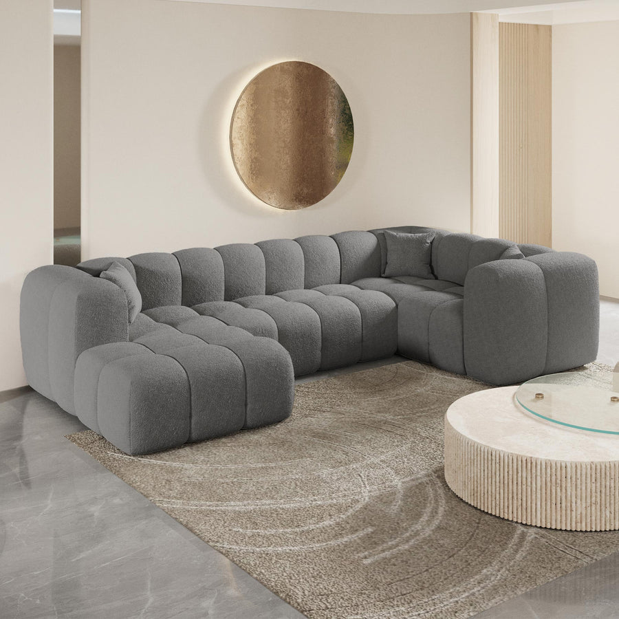 LAYANE Canapé panoramique tissu bouclette gris - Angle gauche — aperçu vidéo