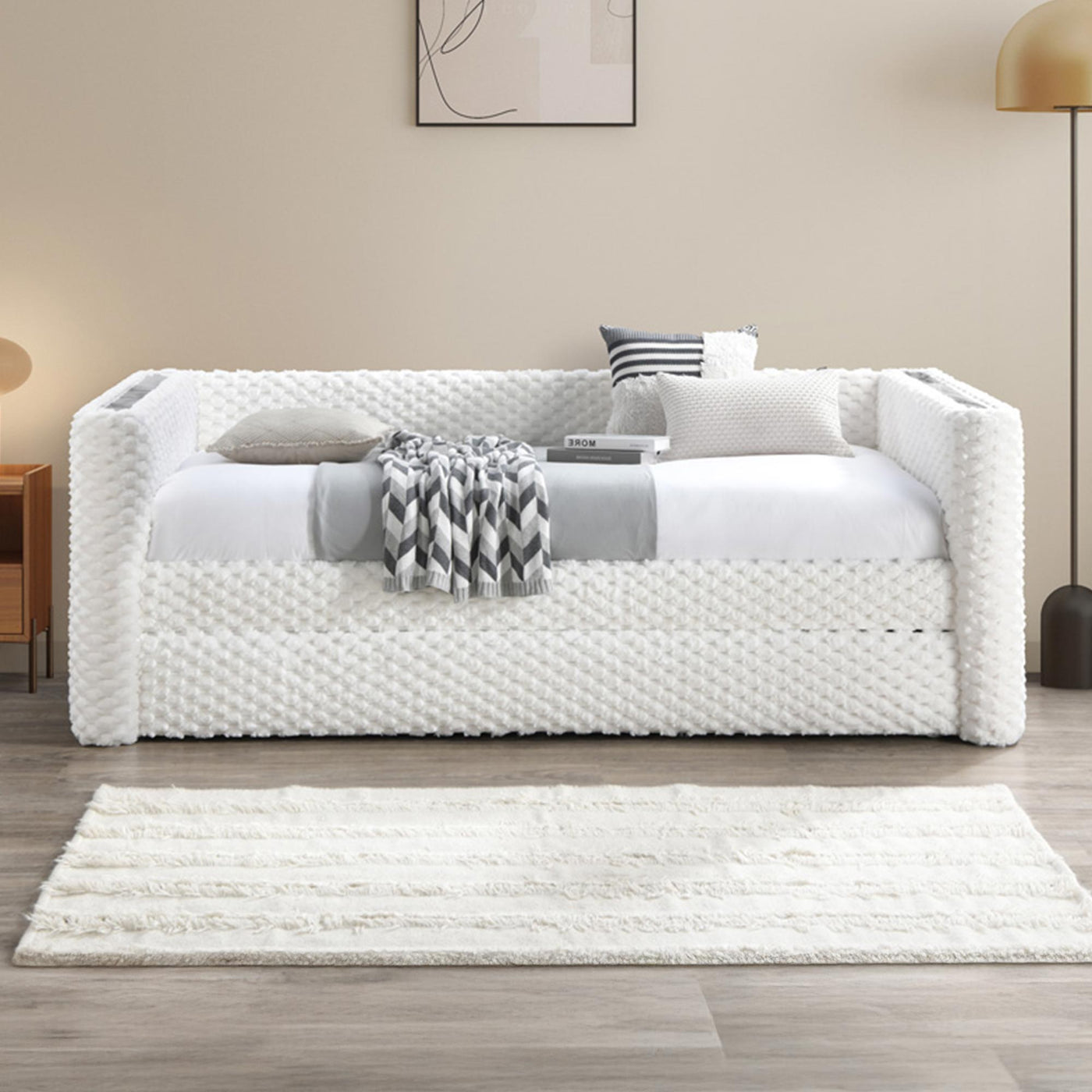 LEANA Lit gigogne tissu blanc 90x190 cm - Lit enfant - Mobilier Deco