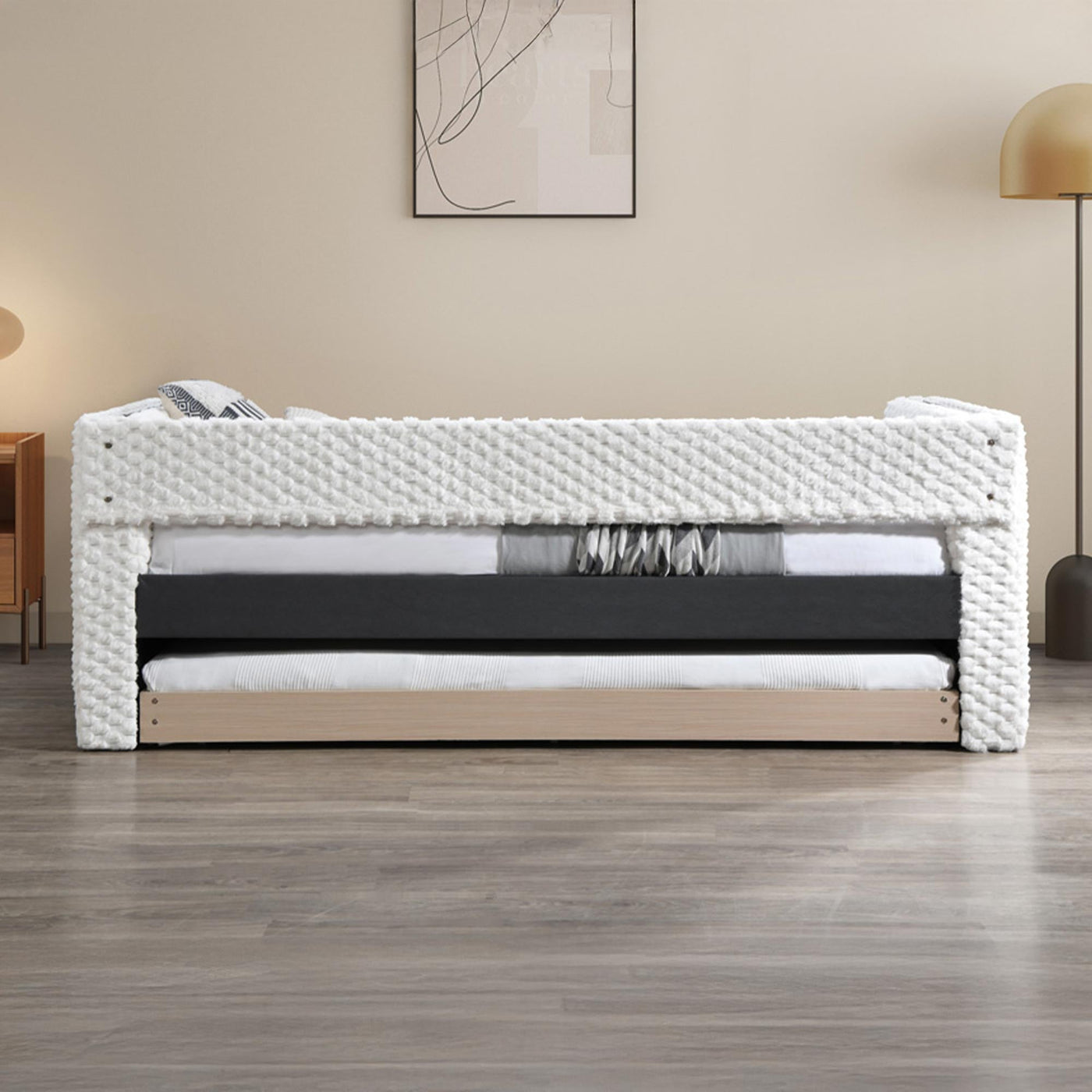 LEANA Lit gigogne tissu blanc 90x190 cm - Lit enfant - Mobilier Deco