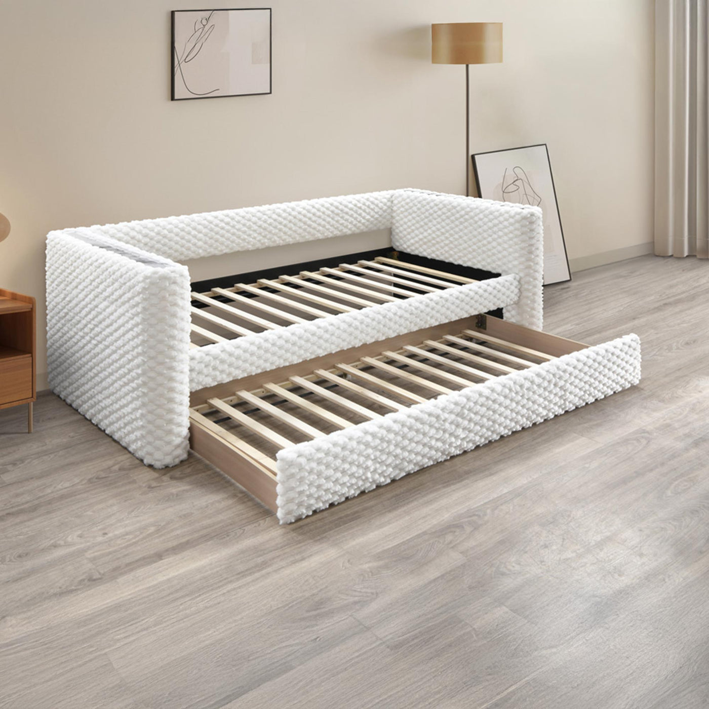 LEANA Lit gigogne tissu blanc 90x190 cm - Lit enfant - Mobilier Deco