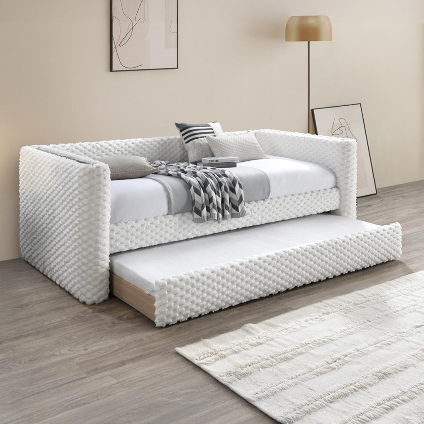 LEANA Lit gigogne tissu blanc 90x190 cm - Lit enfant - Mobilier Deco