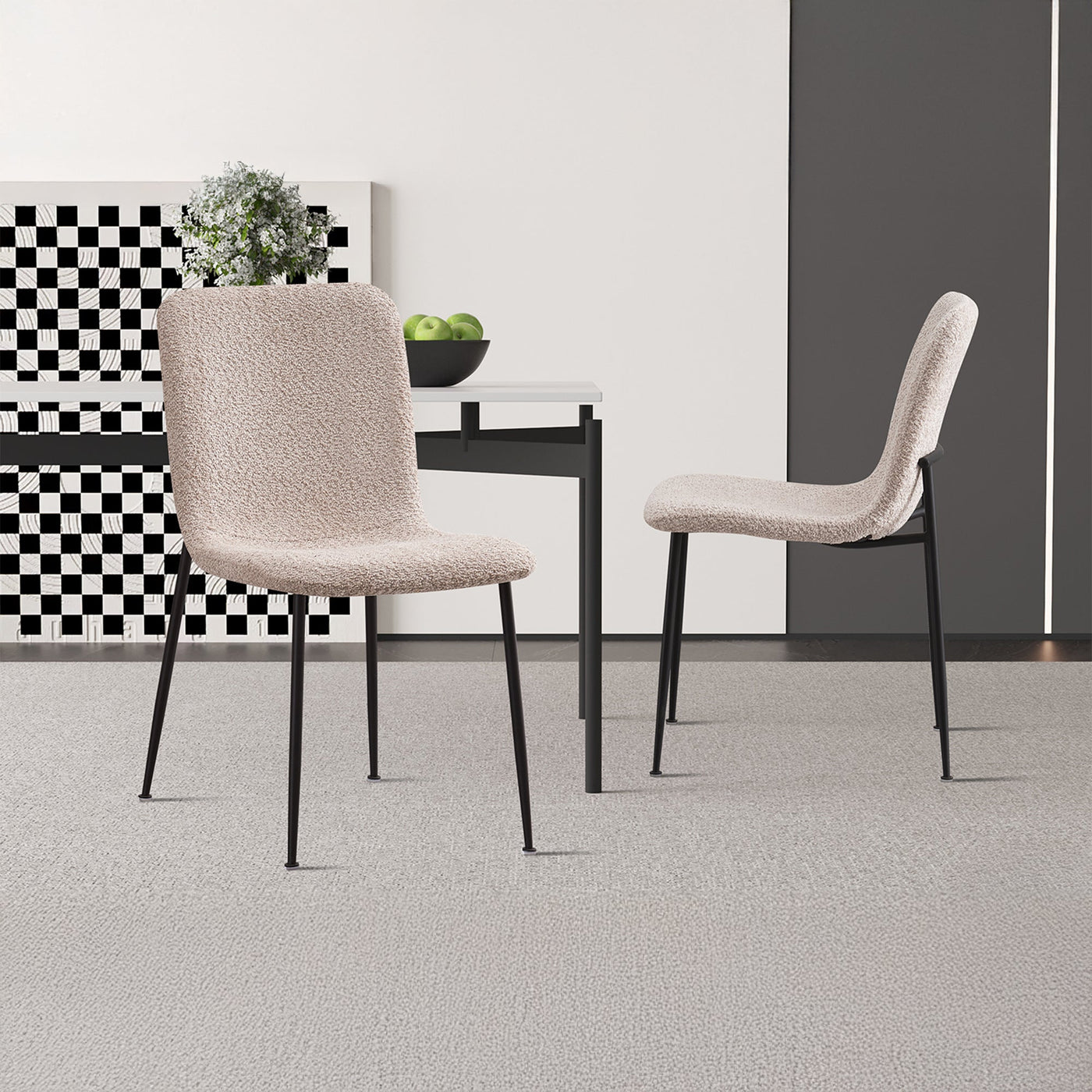 LEONOR Lot de 2 chaises en tissu bouclette beige pieds en métal noir - Chaise de repas - Mobilier Deco