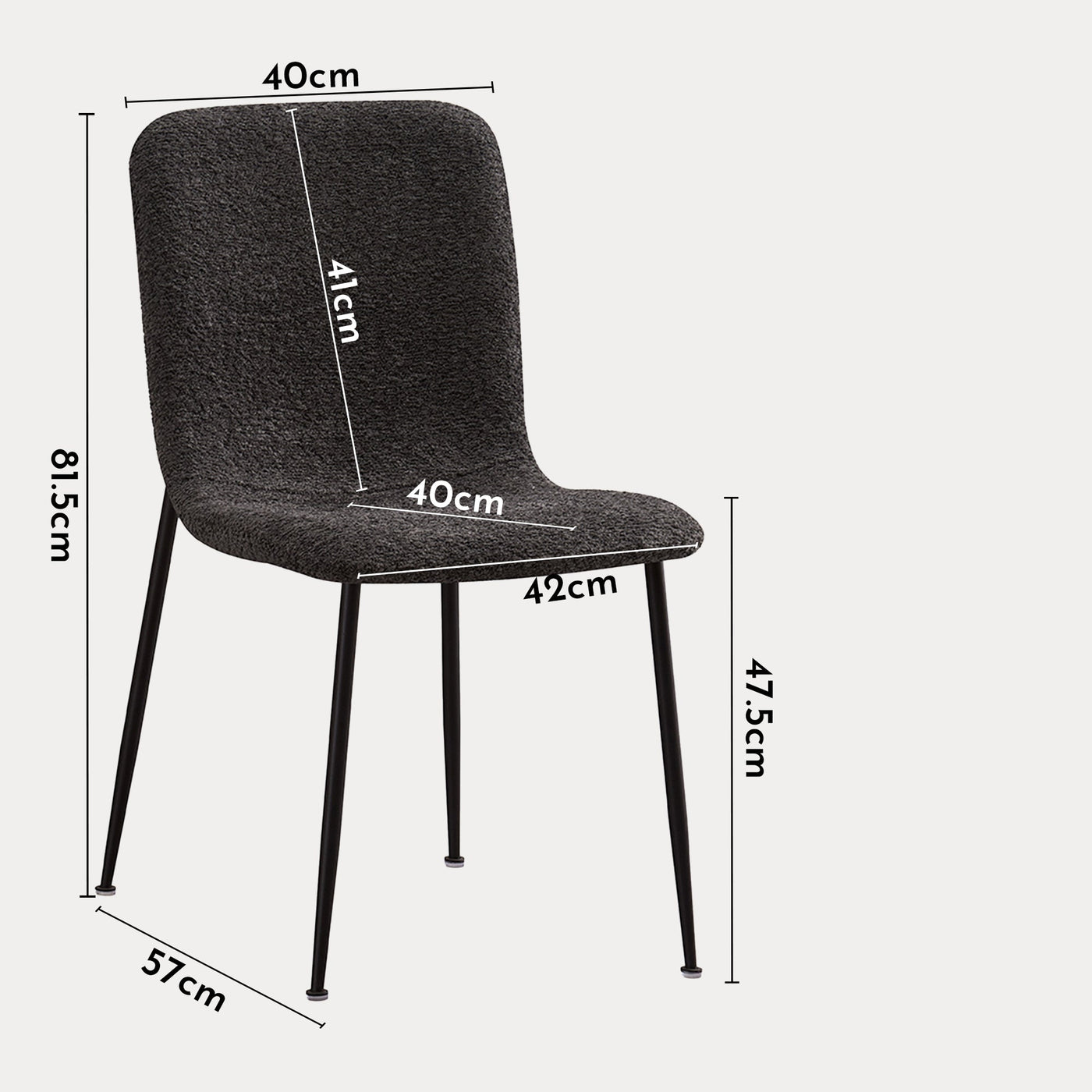 LEONOR Lot de 2 chaises en tissu bouclette gris foncé pieds en métal noir - Chaise de repas - Mobilier Deco