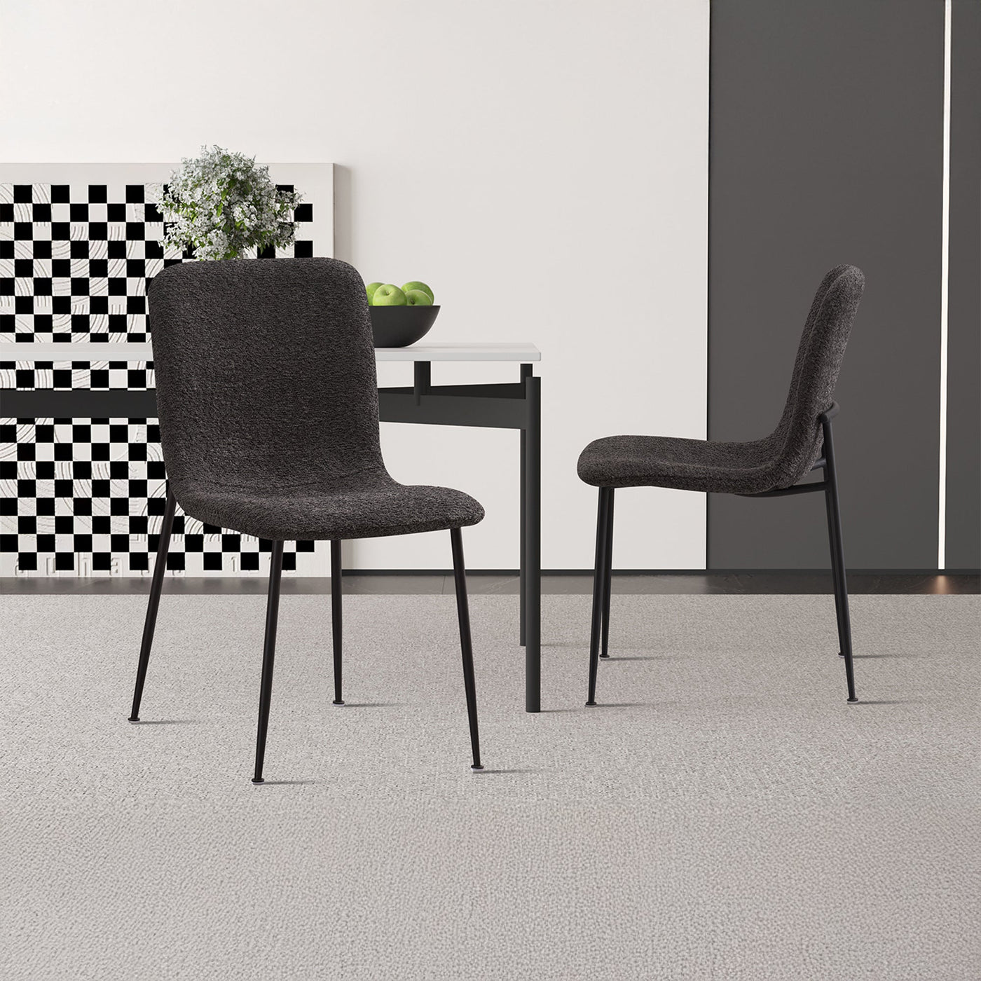LEONOR Lot de 2 chaises en tissu bouclette gris foncé pieds en métal noir - Chaise de repas - Mobilier Deco