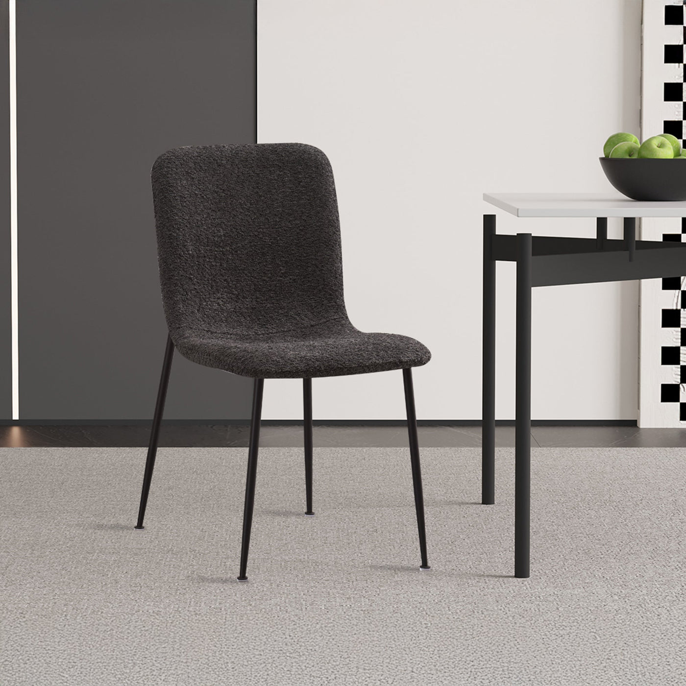 LEONOR Lot de 2 chaises en tissu bouclette gris foncé pieds en métal noir - Chaise de repas - Mobilier Deco