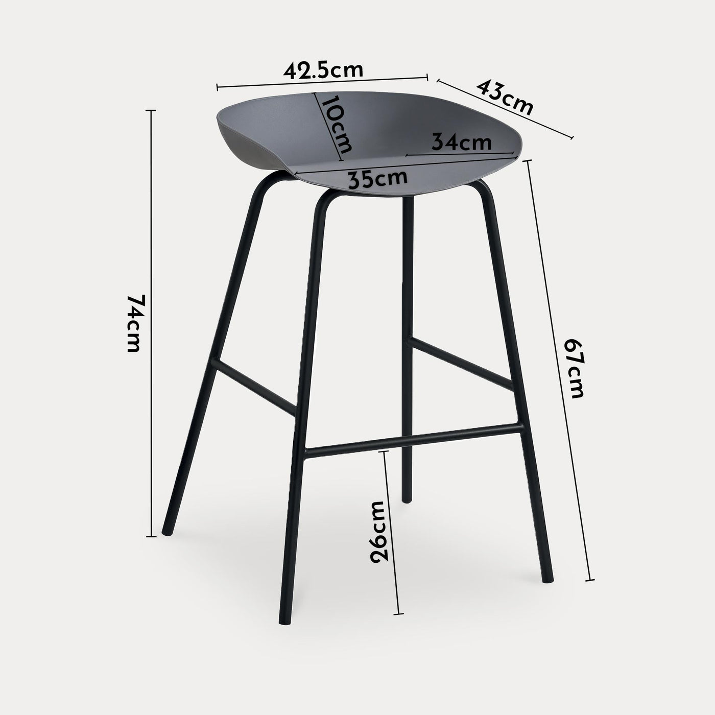 LEVIA Lot de 4 tabourets en plastique gris piètement métal noir - Tabourets - Mobilier Deco