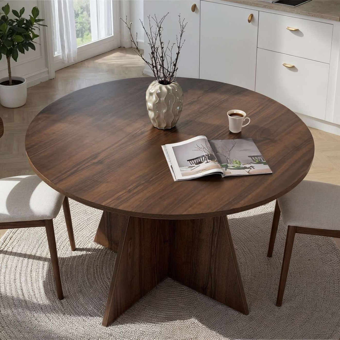 LEYVA Table à manger ronde couleur bois foncé D120 cm - Table à manger - Mobilier Deco