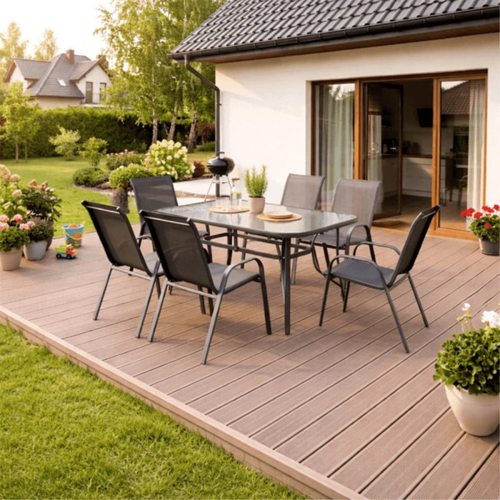 LIBERTY Ensemble de mobilier de jardin avec 6 chaises et table en verre et métal noir – Mobilier de jardin Mobilier Deco