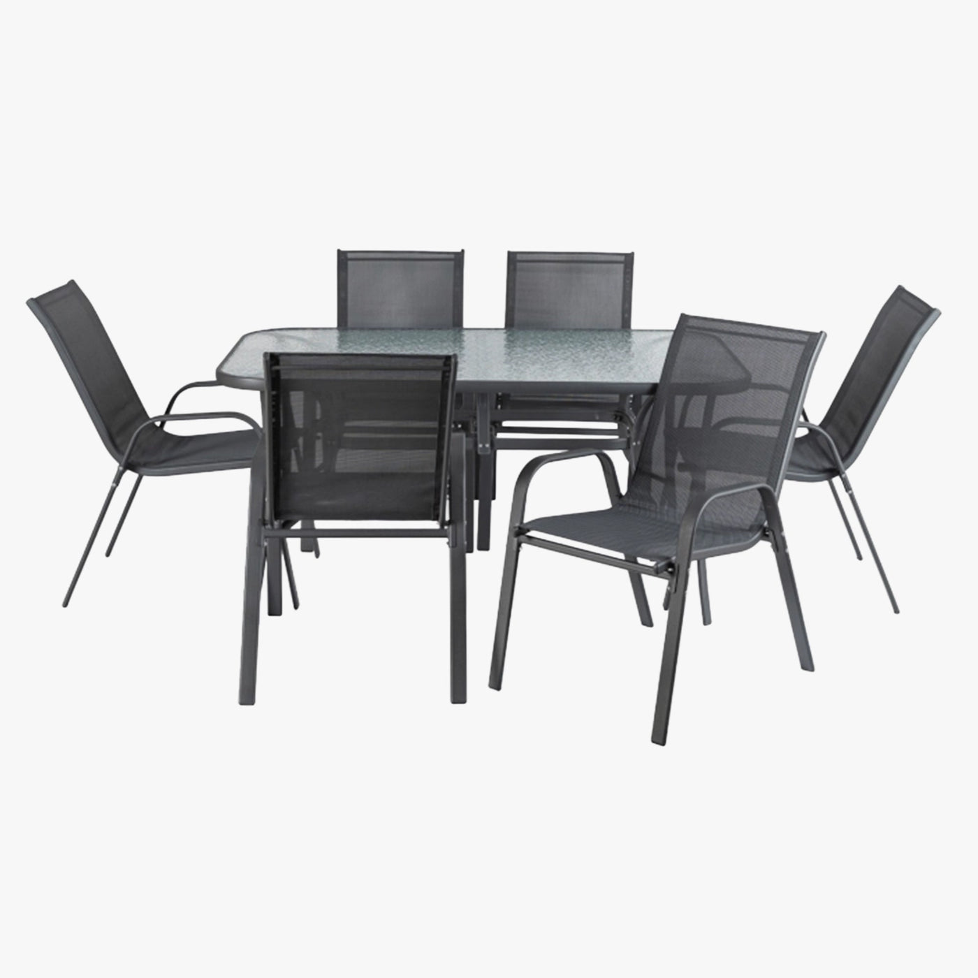 LIBERTY Ensemble de mobilier de jardin avec 6 chaises et table en verre et métal noir - Mobilier de jardin - Mobilier Deco