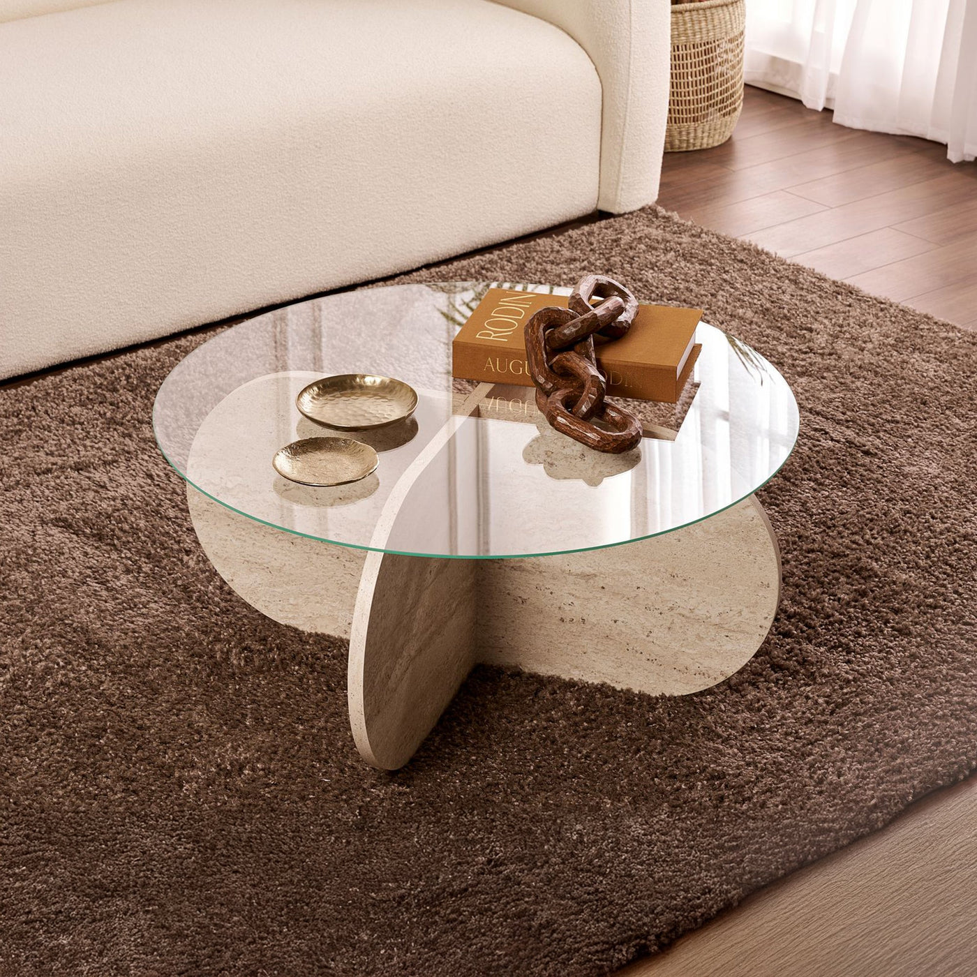 LILY Table basse ronde en verre piètement beige D75 cm - Table basse - Mobilier Deco