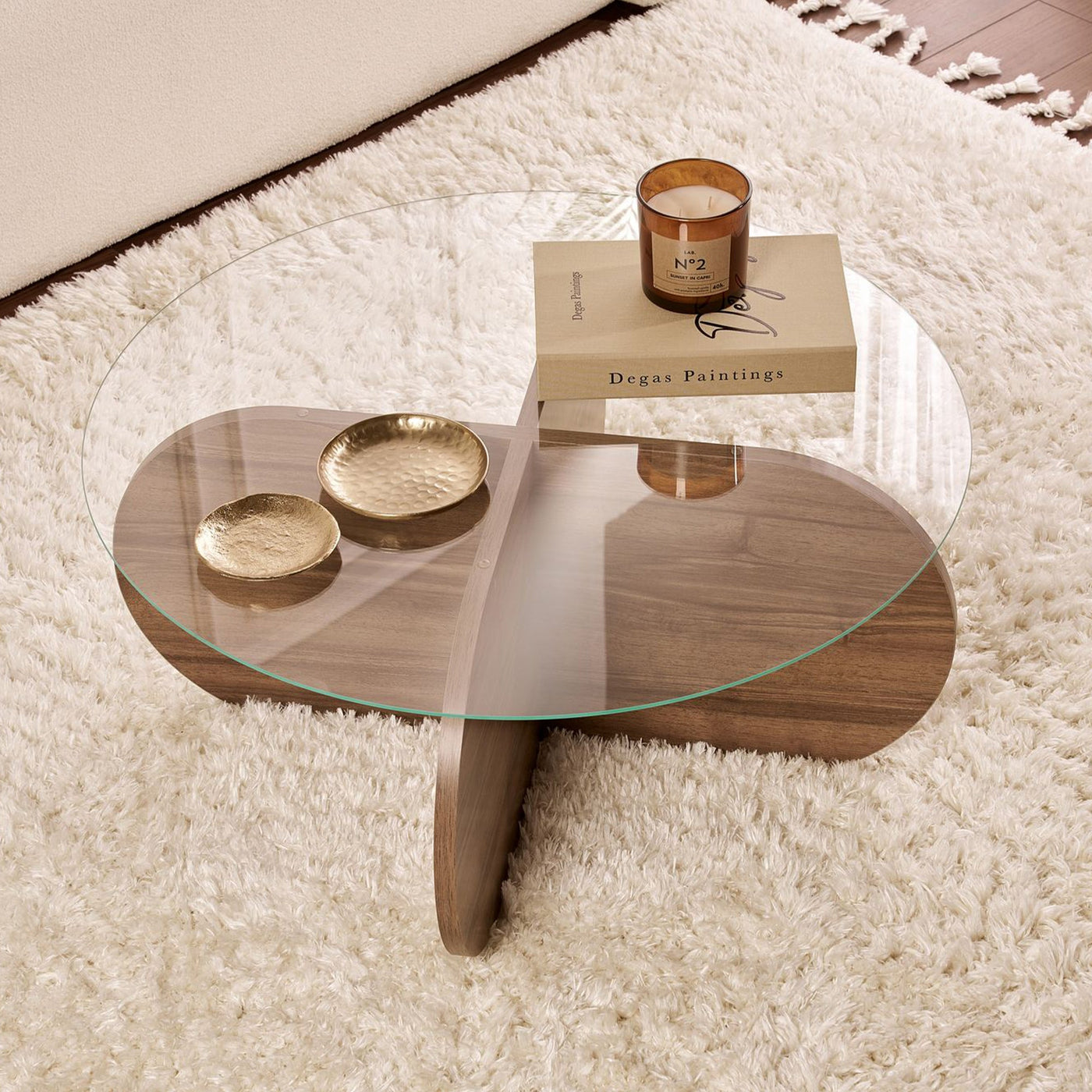 LILY Table basse ronde en verre piètement couleur bois foncé D75 cm - Table basse - Mobilier Deco