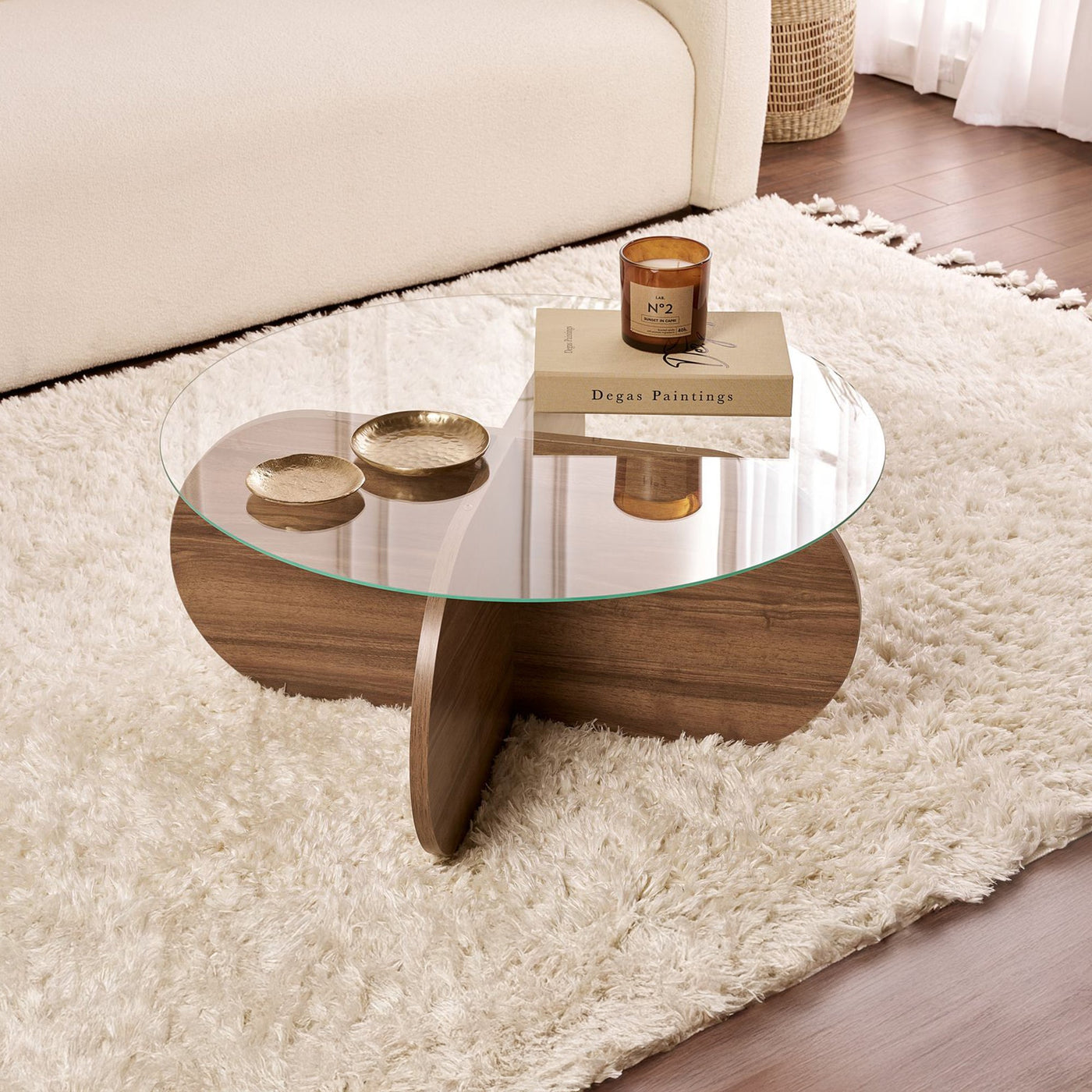 LILY Table basse ronde en verre piètement couleur bois foncé D75 cm - Table basse - Mobilier Deco