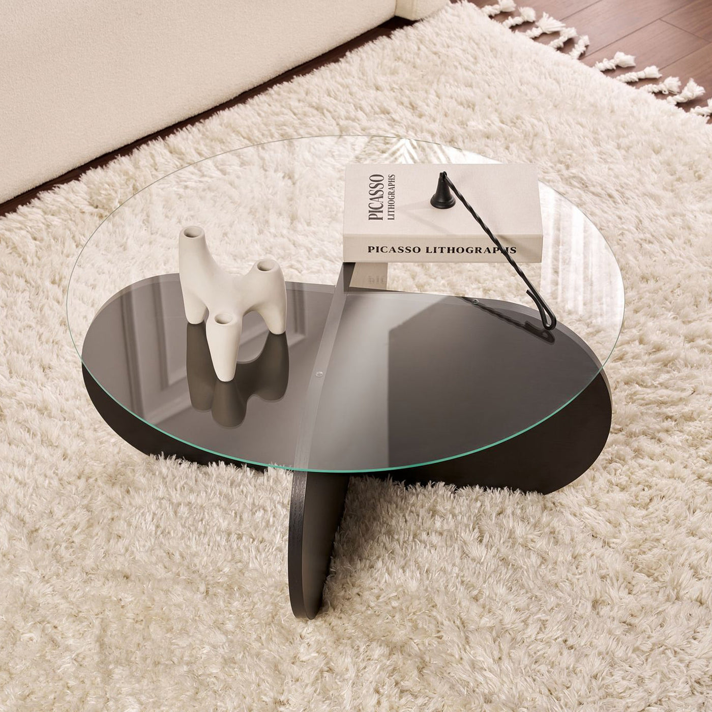 LILY Table basse ronde en verre piètement couleur bois noir D75 cm - Table basse - Mobilier Deco