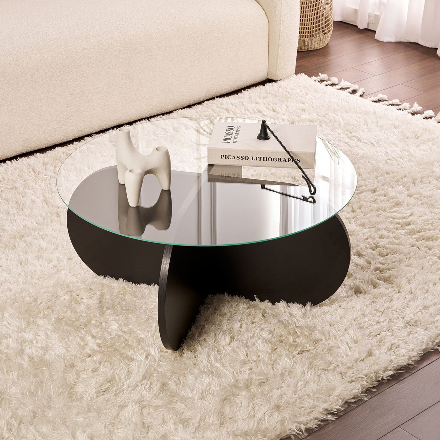 LILY Table basse ronde en verre piètement couleur bois noir D75 cm - Table basse - Mobilier Deco
