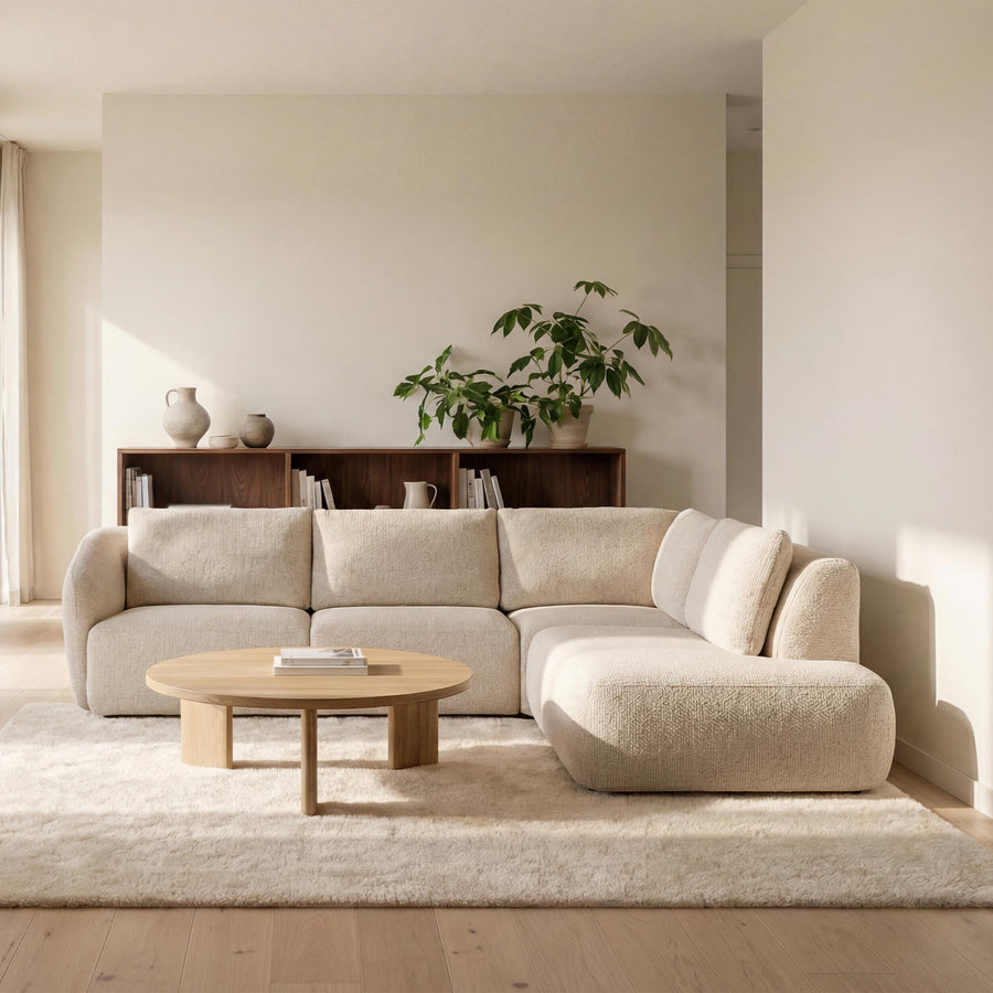 LINDA Canapé d'angle modulable en tissu beige - Angle droit — aperçu vidéo