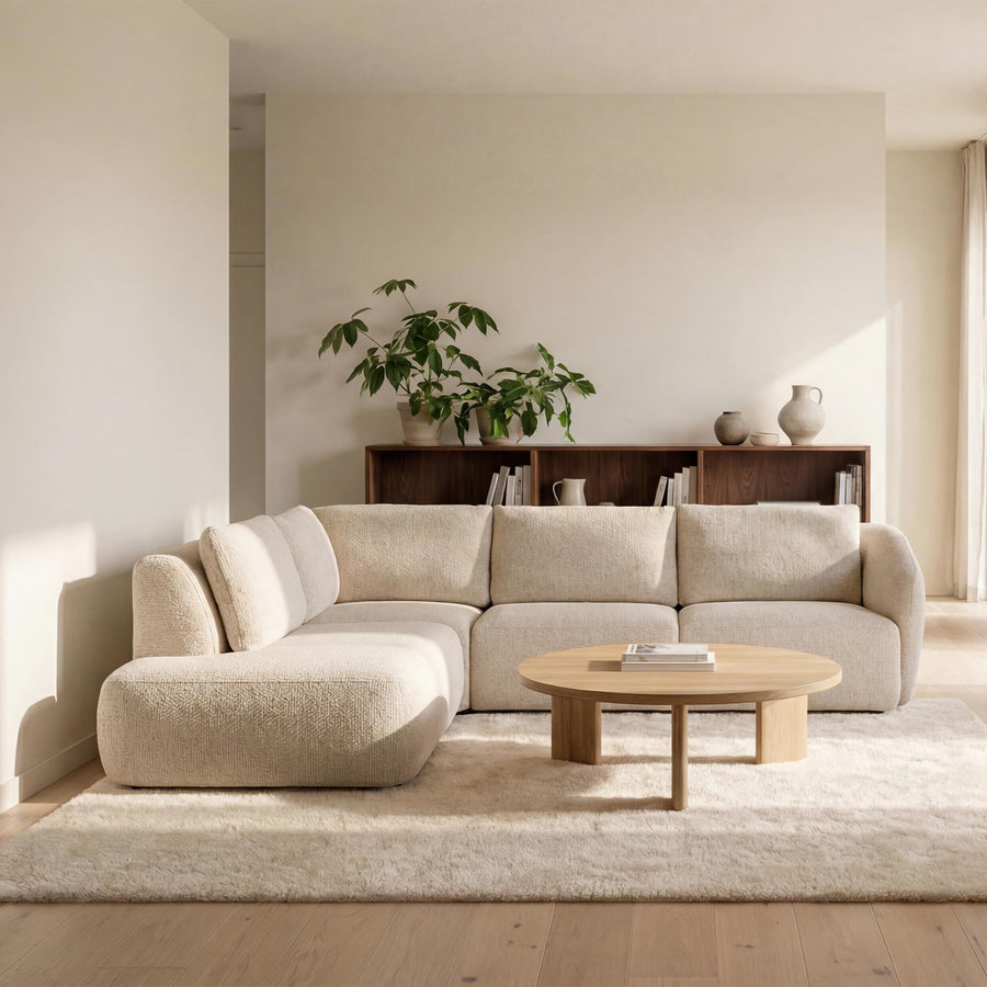 LINDA Canapé d'angle modulable en tissu beige - Angle gauche — aperçu vidéo