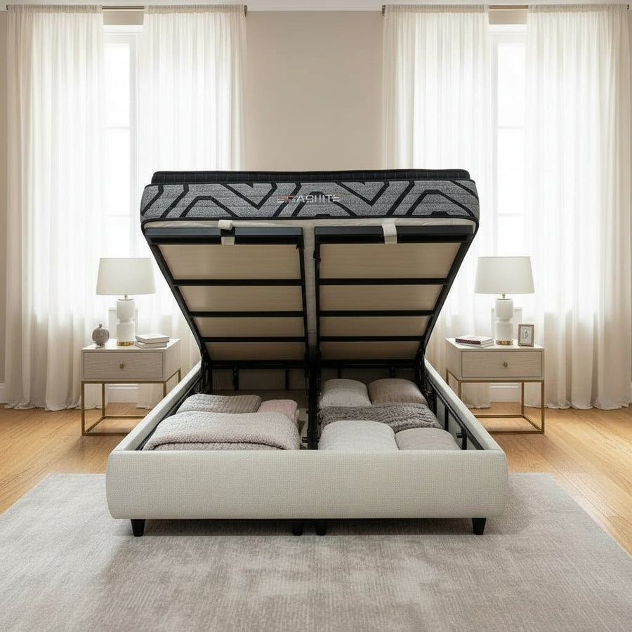 LINE Lit double en tissu beige avec coffre 140x190 cm — aperçu vidéo
