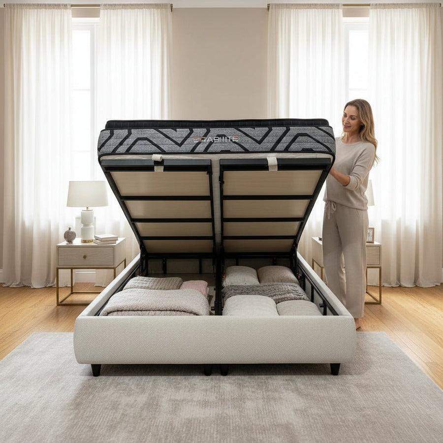 LINE Lit double en tissu beige avec coffre 180x200 cm — aperçu vidéo