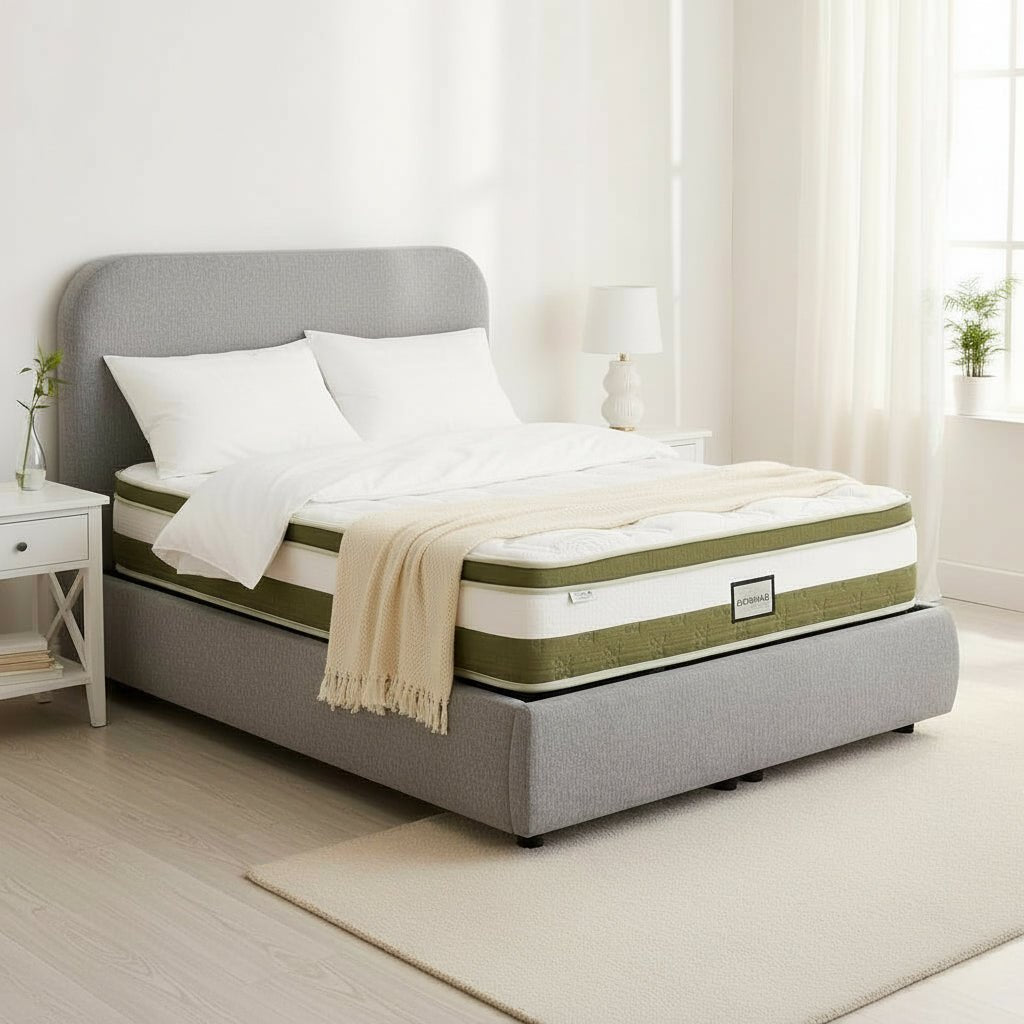LINE Lit double en tissu gris vert avec coffre 160x200 cm - Lits - Mobilier Deco
