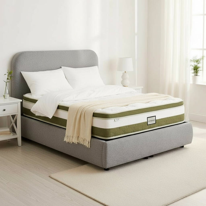 LINE Lit double en tissu gris vert avec coffre 160x200 cm