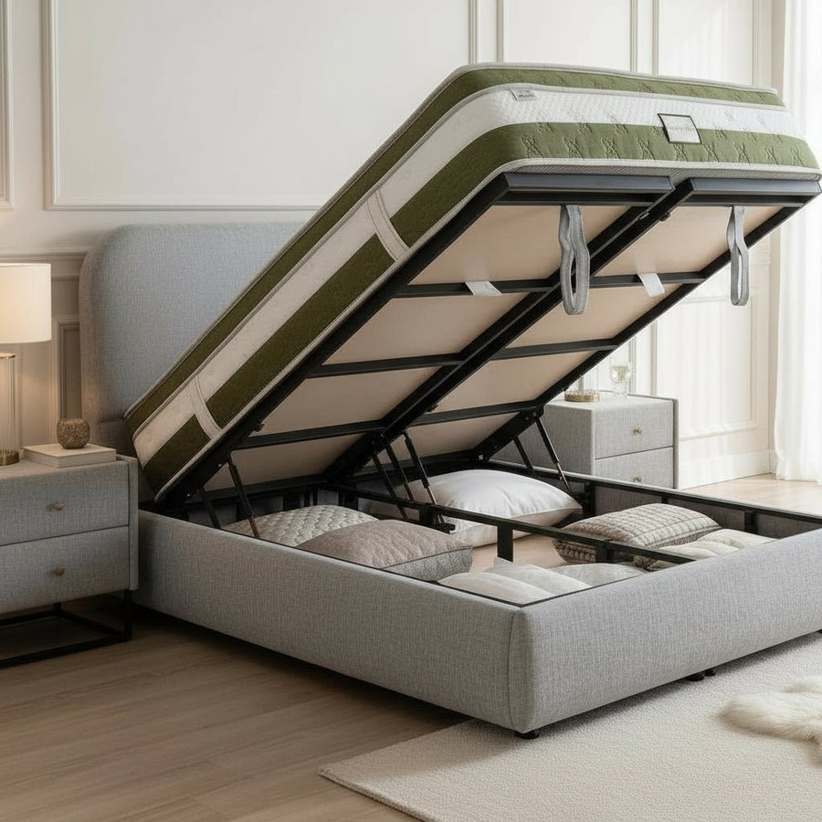 LINE Lit double en tissu gris vert avec coffre 180x200 cm — aperçu vidéo