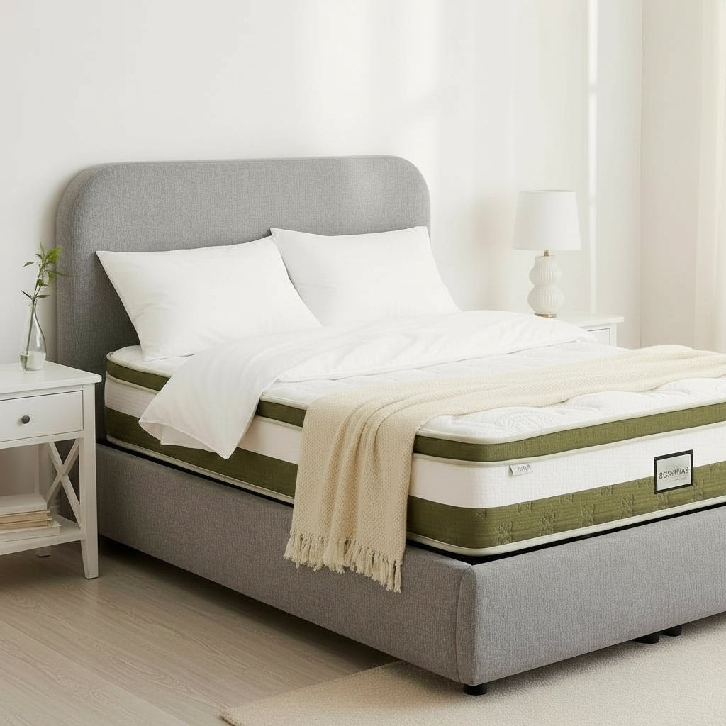 LINE Lit double en tissu gris vert avec coffre 180x200 cm - Lits - Mobilier Deco