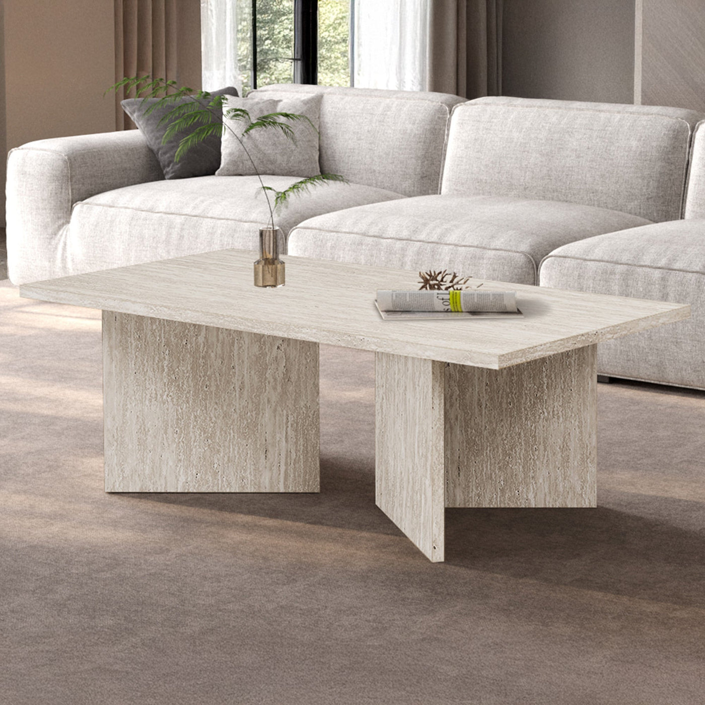 LITAR Table basse rectangulaire couleur travertin beige 125 cm - Table basse - Mobilier Deco